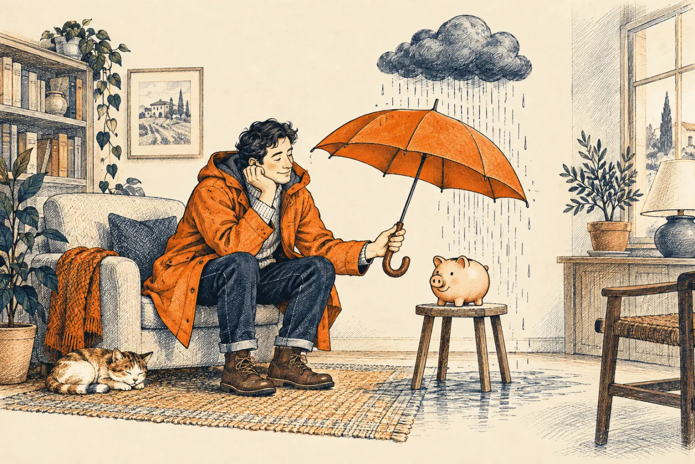 A person shelters a piggy bank from the rain with an orange umbrella.